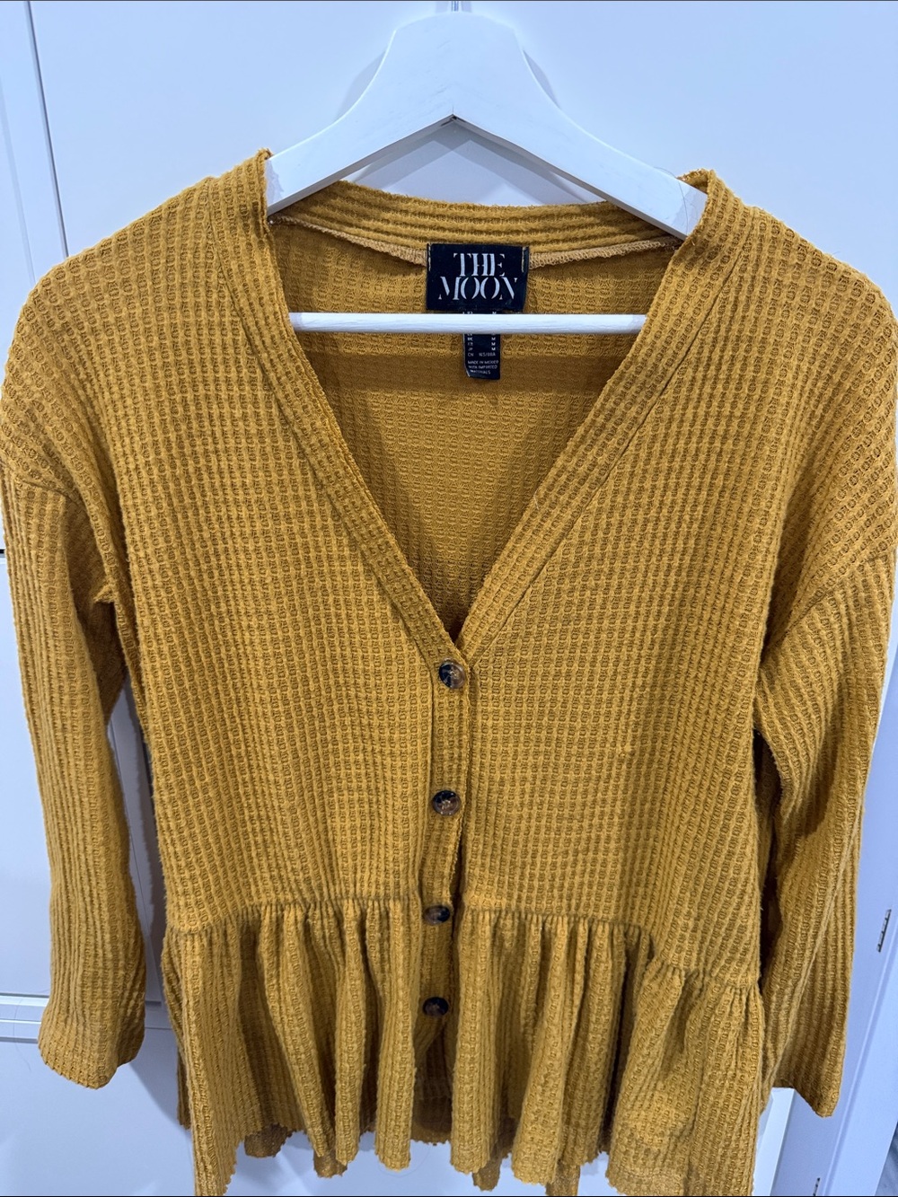The Moon Women's Mustard Waffle Knit Button-Front Peplum Top